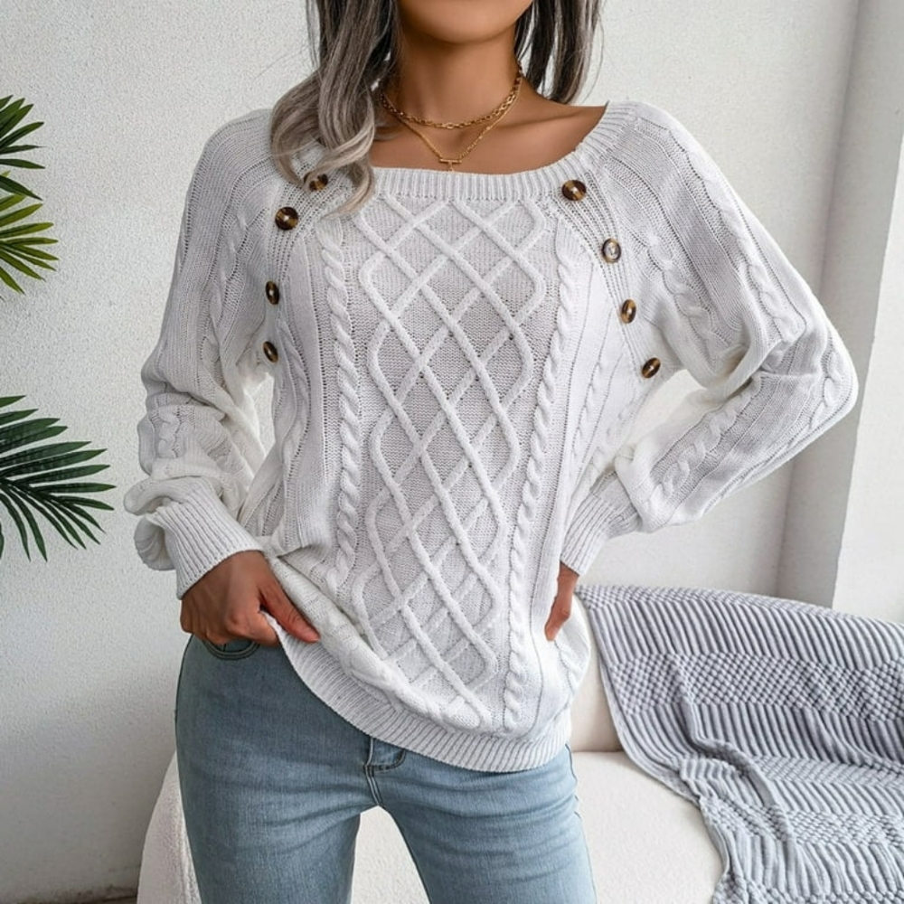 Women Sweater Crewneck Long Sleeve Pullover Knit Button Decor Casual Jumper